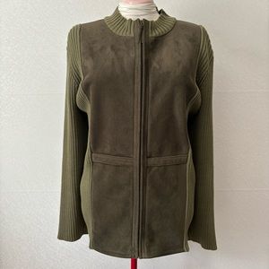 Elisabeth Olive Green Zip Up Sweater & Faux Suede Jacket Women's Plus Size 3X